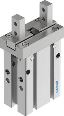 Ein pneumatischer Greifer mit zwei parallel verlaufenden Backen von Festo, geeignet für präzise Handhabung in der Automatisierungstechnik.