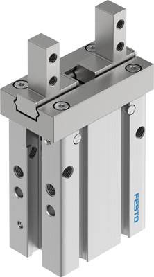 Pneumatische Parallelgreifer-Baugruppe aus Metall mit mehreren Schlitzen und Schrauben; geeignet für industrielle Anwendungen.