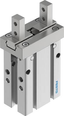 Pneumatische Greifzange aus Metall mit zwei parallelen Greifern und dem Logo von Festo.