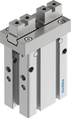 Pneumatischer Greifer mit zwei parallel angeordneten Backen, geeignet für präzises Halten und Bewegen von Objekten in industriellen Anwendungen.