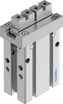 Pneumatischer Parallelgreifer von Festo mit robustem Metallgehäuse, drei Befestigungsbohrungen und blauer Festo-Logoaufschrift.
