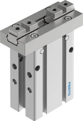 Pneumatischer Greifer von Festo, rechteckige Form mit mehreren Bohrungen und Metallschieber an der Oberseite, geeignet für Automatisierung.