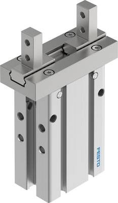 Lineareinheit eines Pneumatiksystems mit zwei vertikalen Schienen und montierten Metallklammern; Herstellerlogo 'FESTO' sichtbar auf der Seite.