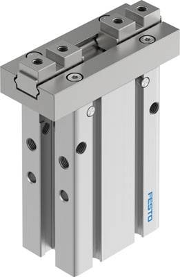 Eine pneumatische Linearführung von Festo, bestehend aus einem robusten silbernen Metallgehäuse mit mehreren Befestigungspunkten.