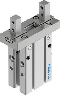 Zylindrisches Greifmodul aus Metall mit linearen Führungsschienen, hergestellt von Festo, geeignet für präzise industrielle Handhabungsanwendungen.