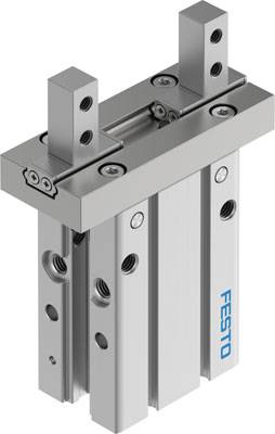 Doppelte pneumatische Greifzange mit robustem, rechteckigem Gehäuse und zwei parallelen Backen. Logo 'Festo' seitlich sichtbar.