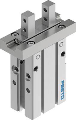 Pneumatischer Parallelgreifer von Festo mit zwei Greifbacken. Geeignet für präzises Greifen und Halten von Objekten in Automatisierungssystemen.