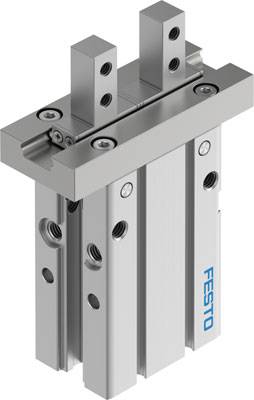 Eine metallische Parallelgreifer-Komponente von Festo, die für präzise Industrieanwendungen verwendet wird, mit zwei Greifbacken.