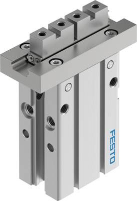 Pneumatische Greifzange von Festo, silbernes Metallgehäuse, geeignet für präzise industrielle Anwendungen.