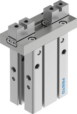 Silberner pneumatischer Schlittenzylinder mit zwei parallel angebrachten Führungsschienen und Schrauben zur Befestigung.