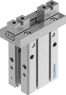Pneumatischer Greifer von Festo, dreistangig, aus Metall, mit mehreren Befestigungsmöglichkeiten, für Automatisierungstechnik.
