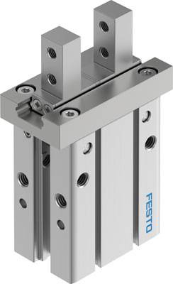 Pneumatischer Greifer, rechteckig, aus Metall mit mehreren Schraubenlöchern und Festo-Logo, für Automatisierungstechnik.
