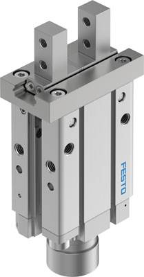 Ein pneumatischer Greifer von Festo, silberfarben, mit rechteckigem Gehäuse und zwei parallel verlaufenden beweglichen Backen.