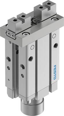 Pneumatischer Zylinder mit zwei Schlitten und Festo-Logo, geeignet für präzise Bewegung in industriellen Anwendungen.