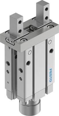 Zylinder mit paralleler Führung, zwei Schienen und Schrauben, seitlich der Markenname 'Festo'. Mechanisches Bauteil in silberner Farbe.