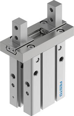 Pneumatischer Schlitten von Festo mit zwei vertikalen Führungen, geeignet für präzise lineare Bewegungen in industriellen Anwendungen.