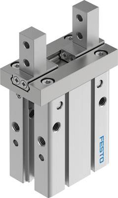 Ein pneumatischer Greifer von Festo mit zwei parallelen Greifbacken, geeignet für industrielle Automatisierung und präzise Handhabung.