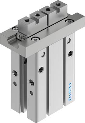 Pneumatischer Greifer von Festo in Aluminium-Optik, geeignet für Montageanwendungen, mit vier Befestigungspunkten an der Oberseite.
