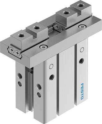 Zweifach-Pneumatikzylinder von Festo mit zwei parallelen Kolbenstangen, robustem Gehäuse und mehreren Anschlussmöglichkeiten.