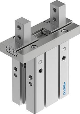 Pneumatisch betätigter Zylinder von Festo mit zwei parallelen Führungsschienen, geeignet für präzise lineare Bewegungen in Maschinen.
