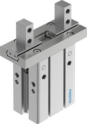 Ein metallischer pneumatischer Greifer mit zwei parallelen Greifarmen von Festo, geeignet für präzise industrielle Anwendungen.