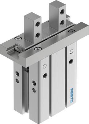 Pneumatische Greifzange von Festo mit zweifachem Greifmechanismus, aus Metall, benutzt in der Industrieautomation.