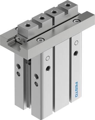 Eine metallische Linearführung mit drei Befestigungslöchern und seitlichen Anschlüssen. Auf der Seite ist das Logo 'Festo' sichtbar.