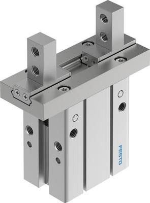 Metallischer Pneumatikgreifer von Festo mit zwei parallelen Greifarmen aus Edelstahl, geschlossen, zur Automatisierungstechnik geeignet.