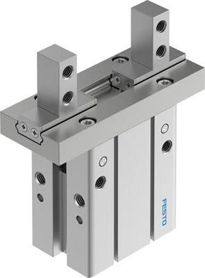 Doppeltwirkender pneumatischer Greifer von Festo, silberfarben, mit zwei parallel verlaufenden Greifarmen.