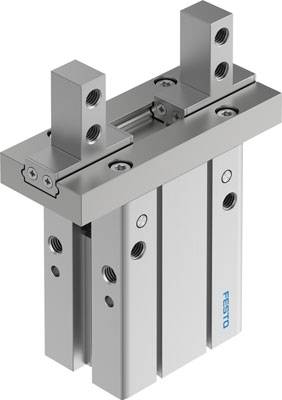Ein pneumatischer Linearzylinder von Festo mit zwei Führungsschlitten und Befestigungsbohrungen, geeignet für präzise Bewegungsanwendungen.
