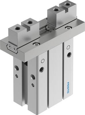 Ein pneumatischer Zylinder mit zwei Schlitten, robust und kompakt, markiert mit 'Festo', für präzise lineare Bewegungssteuerung.