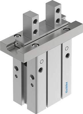 Pneumatische Parallelgreifer-Komponente von Festo mit zwei Greifbacken, geeignet für präzise industrielle Automatisierungslösungen.