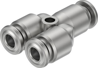 Metallisches Y-Stück mit zwei gleich großen seitlichen Öffnungen und einer zentralen Verbindungsstelle, verwendet in Rohrleitungssystemen.