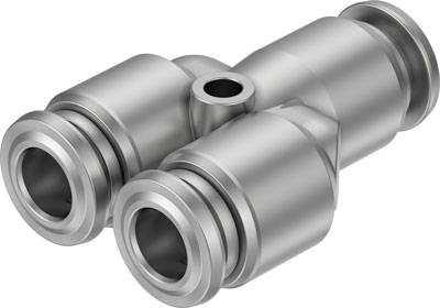 Metallverbindungsstück mit zwei parallelen, offenen Enden und einer zentralen Öffnung. Wird für Rohr- oder Schlauchverbindungen verwendet.