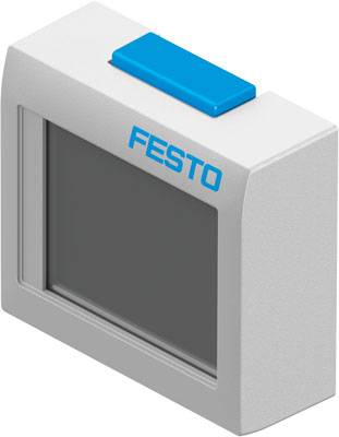 Ein kleiner, rechteckiger Bildschirmgerät von FESTO, mit blauem Knopf oben und grauem Gehäuse.