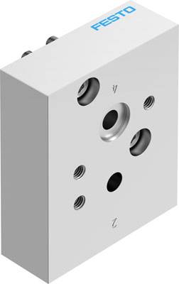 Grauer Ventilblock mit mehreren Anschlussöffnungen und dem blauen Logo 'FESTO' oben rechts.
