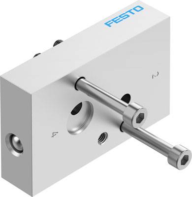 Pneumatikventil mit FESTO-Logo, silberne Metallkonstruktion, zwei Anschlussstutzen.