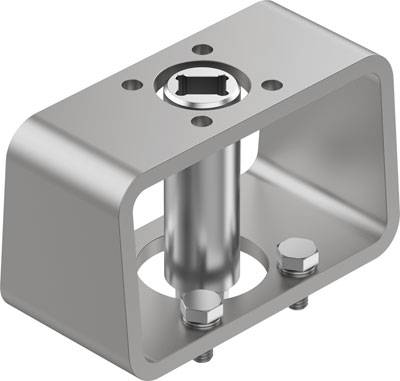 Rechteckiger Metallwinkel mit zentralem Rohr und vier Bohrungen zur Befestigung. Zeigt die Konstruktion eines Industrieteils.