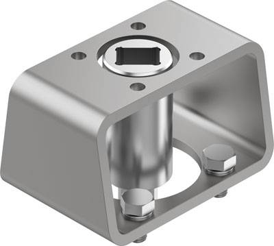 Metallwinkeladapter mit zwei Schrauben zur Befestigung und einem quadratischen Anschluss oben. Geeignet für industrielle Anwendungen.