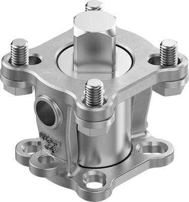 Ein silbernes Metallbauteil mit sechseckiger Basis und vier Schrauben an den Ecken. Es ist ein technisches Maschinenteil.