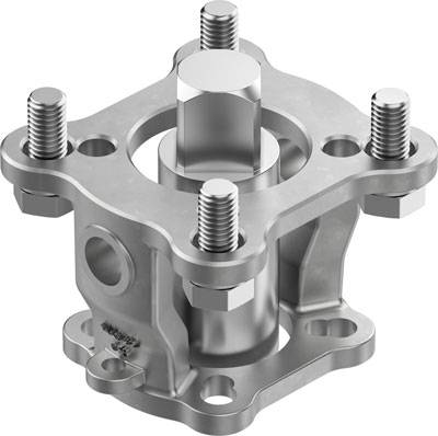 Metallisches Maschinenteil mit vier Schrauben, zentralem Zylinder und flacher Basis, vermutlich für mechanische Verbindung oder Montage.