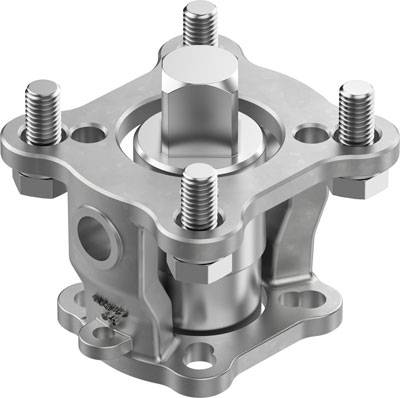 Silberne Metallkomponente mit zylindrischem Mittelteil und vier Schrauben an den Ecken, möglicherweise ein Maschinenteil.