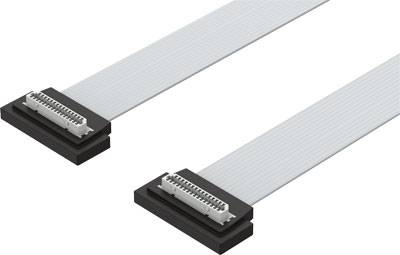 Zwei graue Flachbandkabel mit schwarzen Steckverbindern an den Enden, die für elektronische Verbindungen verwendet werden.