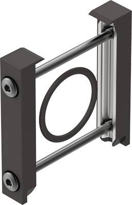 Industrielles Konstruktionsbauteil mit Gummi-Ring und zwei parallelen Metallstangen, umrahmt von zwei schwarzen Halterungen.