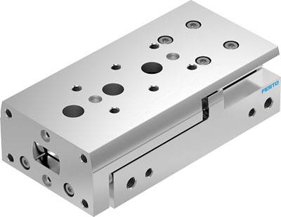 Silberner pneumatischer Schlitten aus Metall mit mehreren Befestigungsbohrungen. Markenname auf der rechten Seite sichtbar.