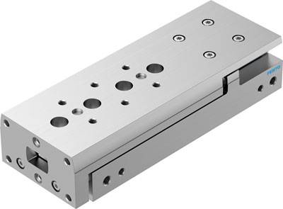 Ein rechteckiger pneumatischer Schlitten aus Metall mit Bohrungen und Schrauben. Verwendet zur präzisen linearen Bewegung in Maschinen.