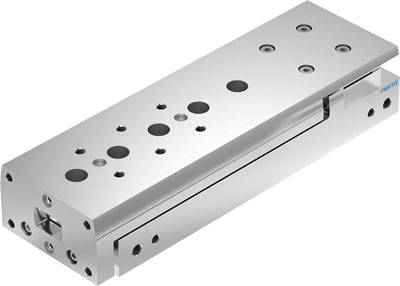 Silberner pneumatischer Schlitten mit mehreren Befestigungslöchern und eingeschlossenen Führungsschienen für präzise Linearbewegungen.