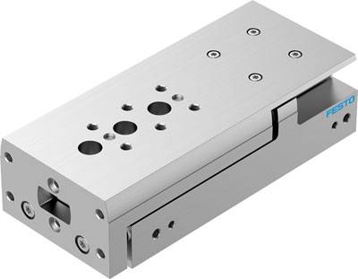 Silberner pneumatischer Schlitten mit mehreren Befestigungsbohrungen und einem blauen Logo, auf einer weißen Oberfläche liegend.