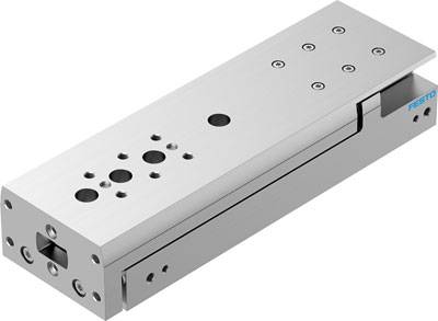 Linearantrieb aus Metall mit mehreren Befestigungslöchern und Logo der Marke, verwendet in industriellen Anwendungen zur präzisen Bewegung.