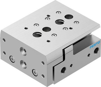 Metallischer Festo-Modulblock mit mehreren Bohrlöchern und Schrauben. Verwendet in industriellen Anwendungen für Präzisionsbewegungen.